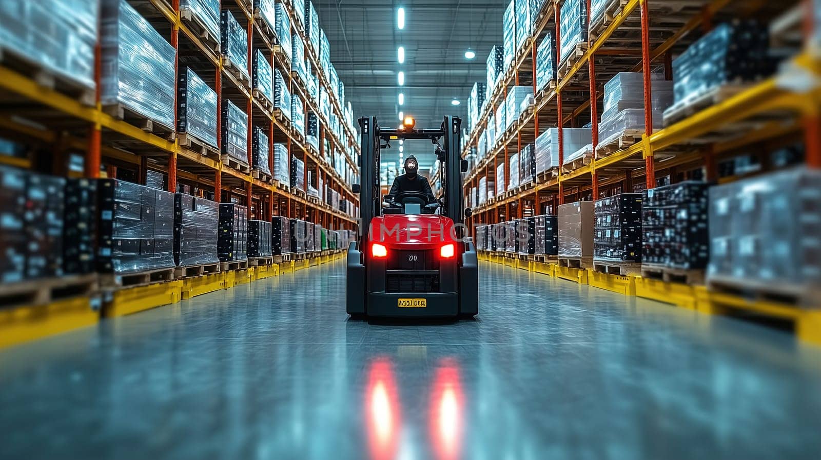 A forklift operator skillfully navigates through a large warehouse filled with stacked pallets. Bright lights illuminate the organized aisles, showcasing an efficient working environment.