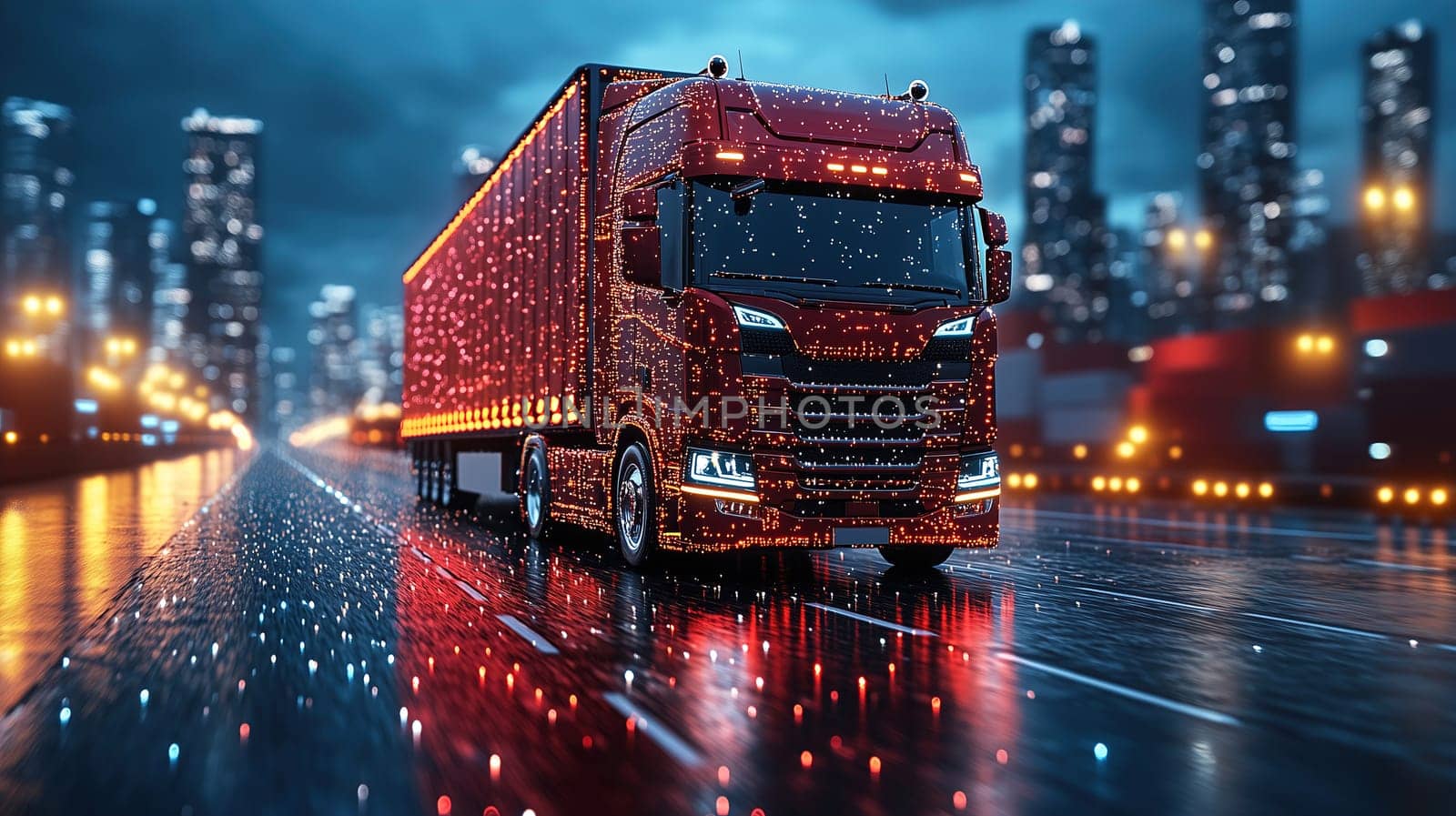 A red truck adorned with bright lights drives along a wet city street during the night. Reflections from the rain enhance the vibrant glow and create a captivating urban atmosphere.