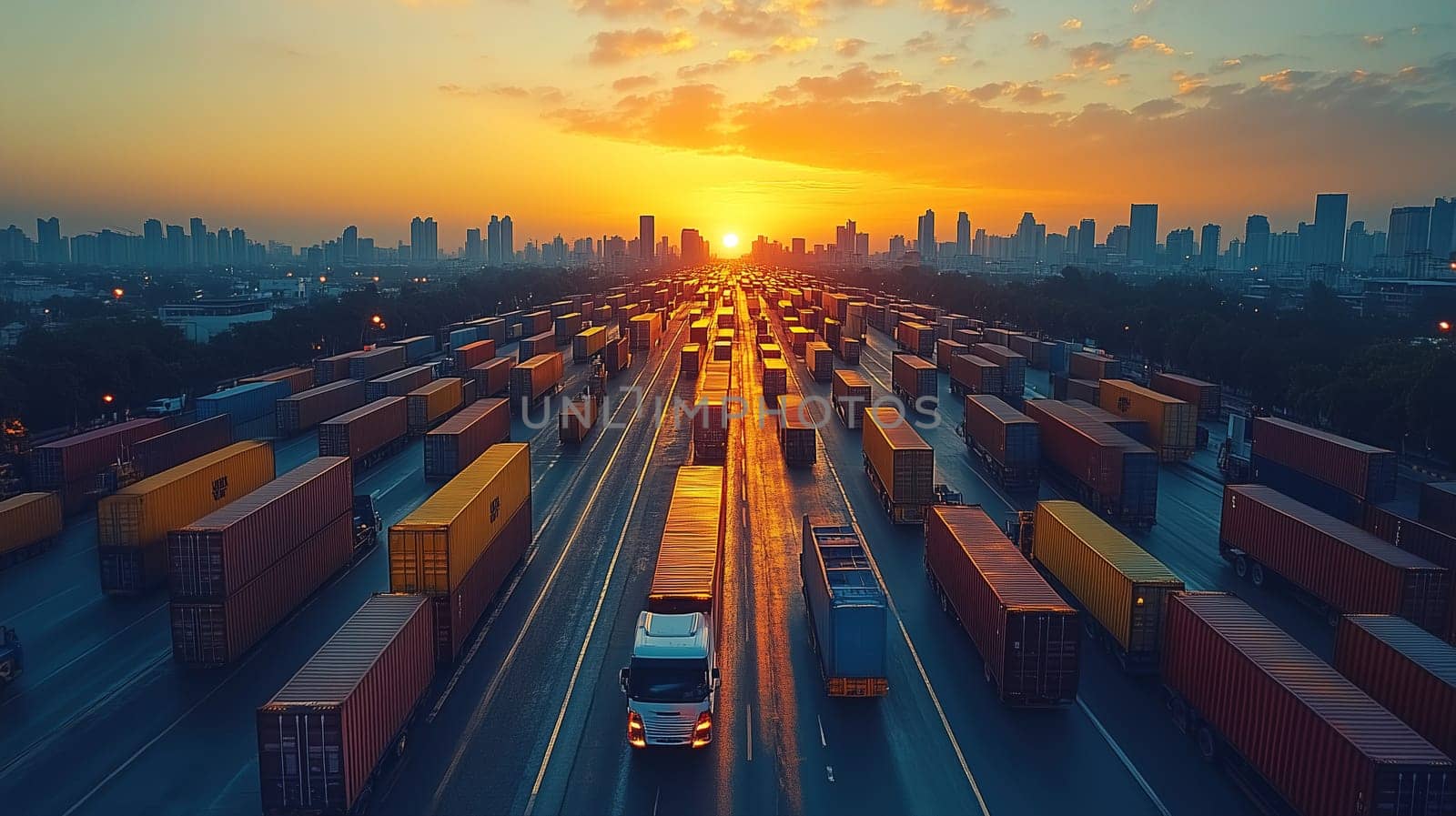 Trucks transport containers along a busy highway as the sun sets, casting a warm glow over the city skyline and creating a bustling atmosphere.