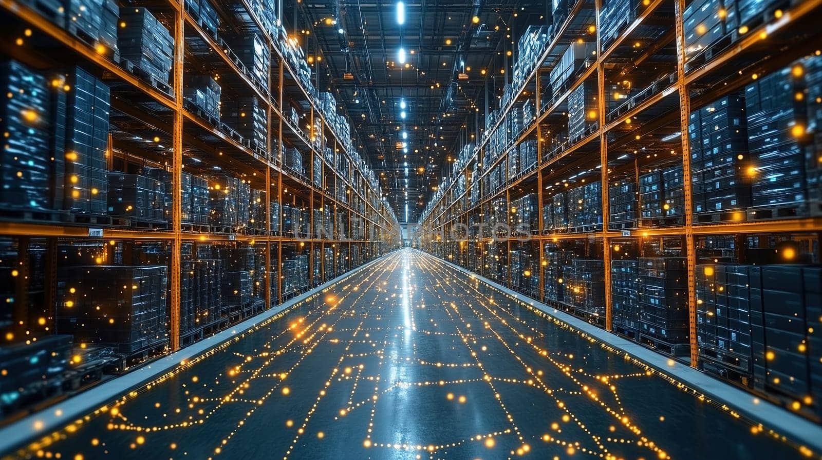 A large warehouse features towering shelves filled with pallets, illuminated pathways lined with glowing lights, creating a futuristic atmosphere at night.