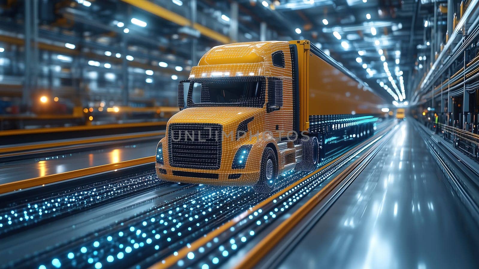 A vibrant yellow truck moves along illuminated tracks in a modern warehouse, showcasing advanced logistics and automation technology in action during the day.