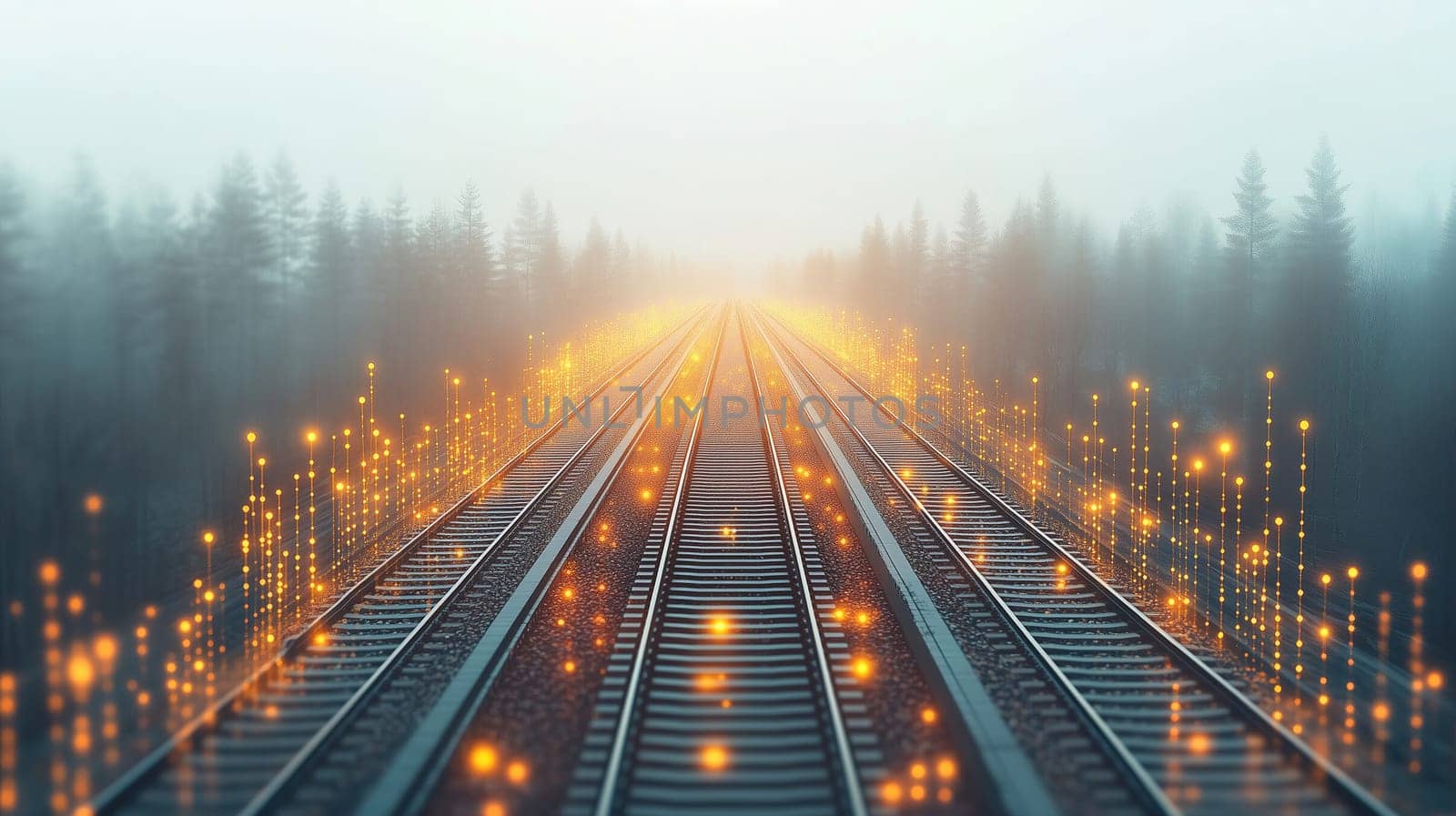 Railway tracks stretch into a foggy distance surrounded by tall trees. Soft, glowing lights adorn the tracks, creating a magical ambiance at dawn.