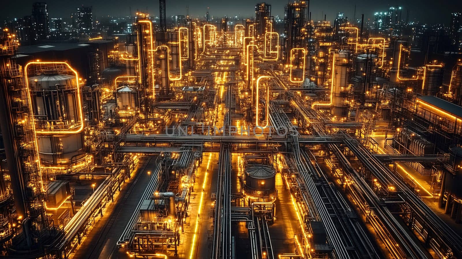 A sprawling industrial complex glows with vibrant lights at night, featuring extensive networks of pipes and machinery against an urban skyline, illustrating the energy of modern manufacturing.