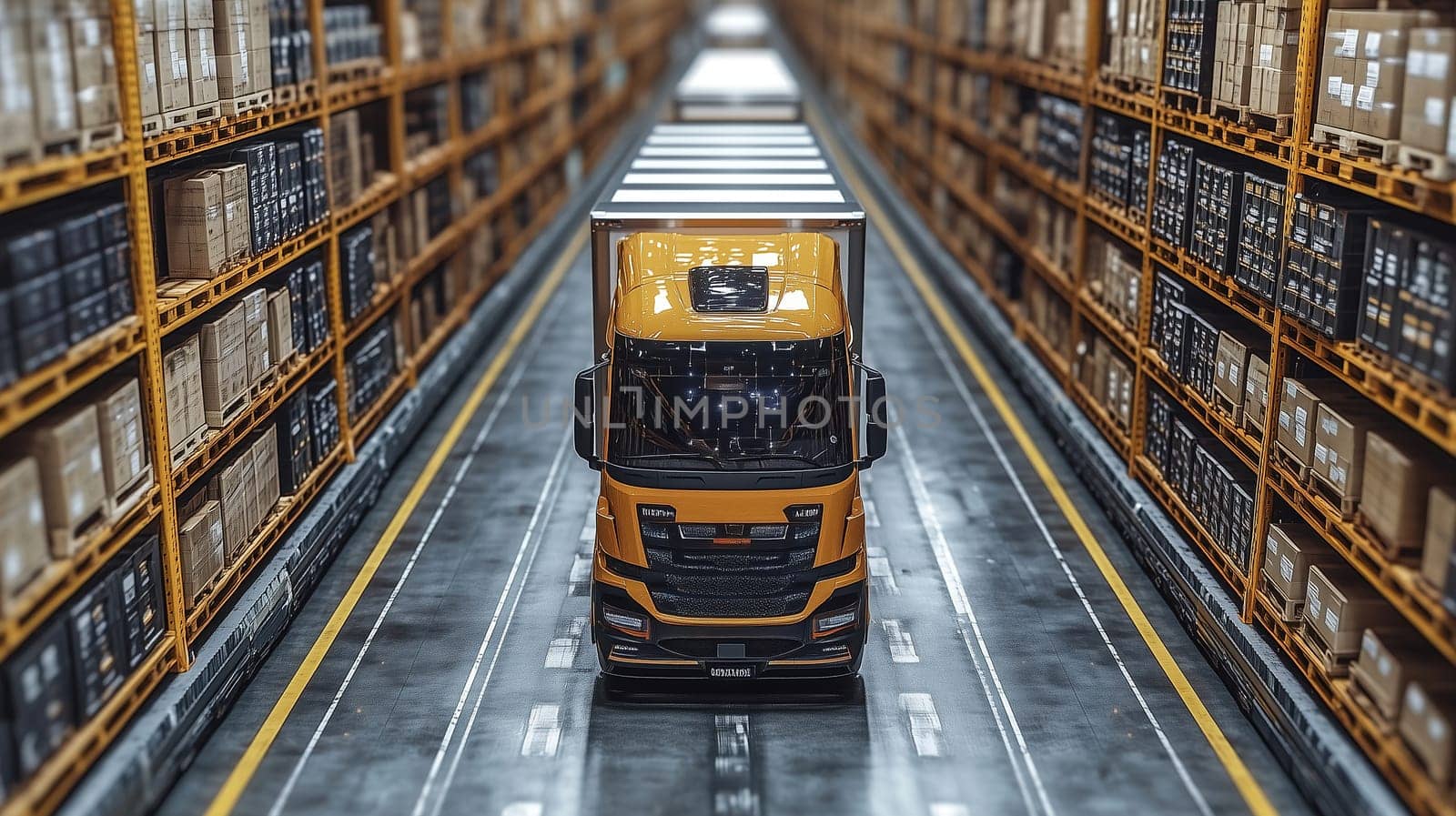 A truck drives along a well-organized warehouse aisle surrounded by tall shelves filled with boxes ready for shipment. The facility is bustling with activity.