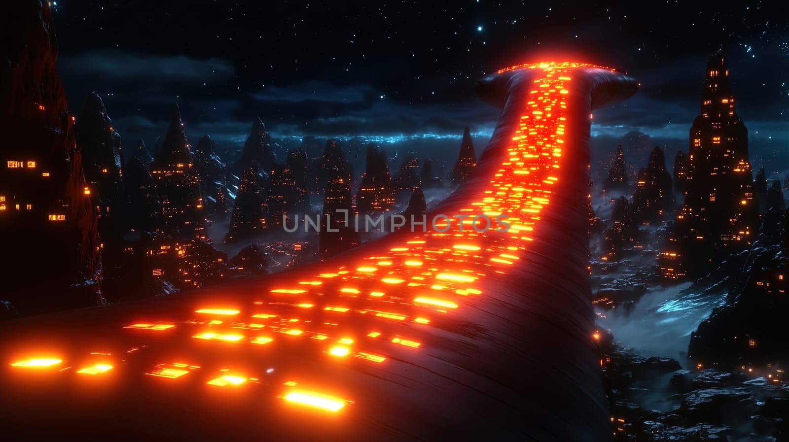 A vibrant lava river winds through towering rock formations illuminated by glowing embers, creating a dramatic contrast against the night sky dotted with stars.