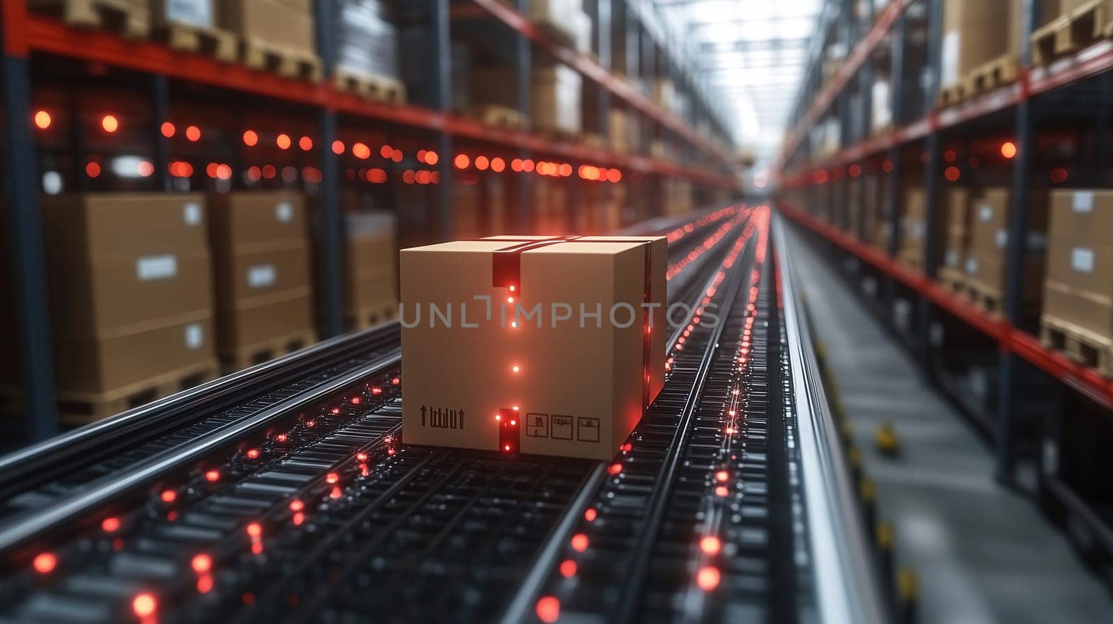 A cardboard box travels along an automated conveyor in a spacious warehouse filled with shelves. Red lights indicate tracking, showcasing efficiency in logistics and inventory management.