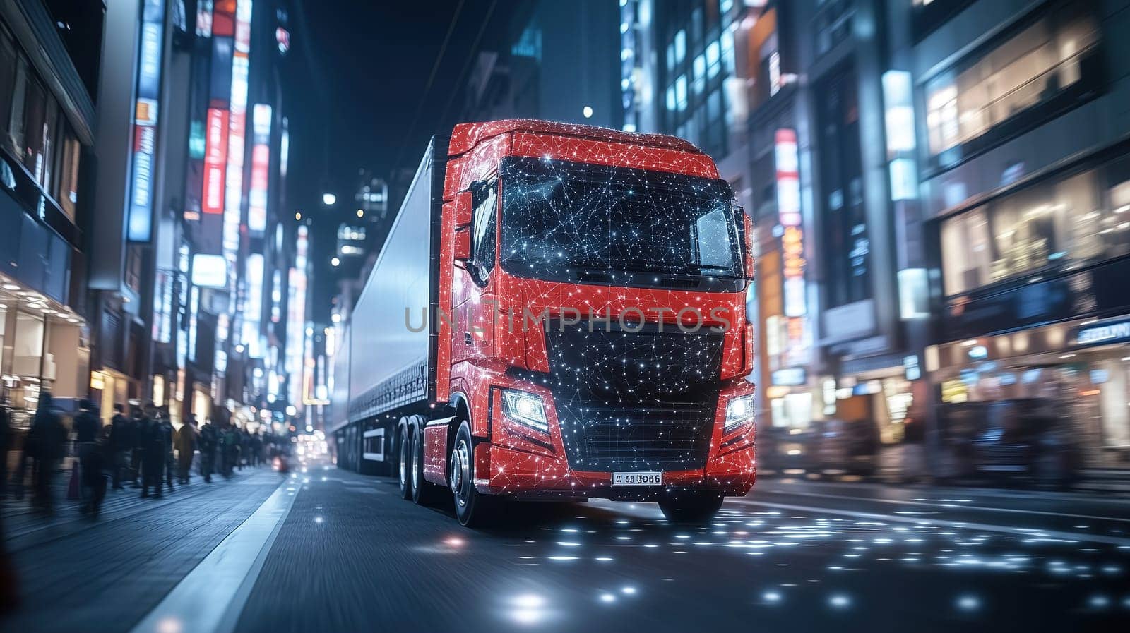 A red truck moves swiftly along busy city streets at night, surrounded by colorful lights and people. The bustling atmosphere showcases urban life in full swing.