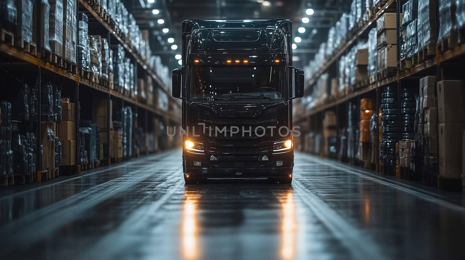 A large black truck is parked in a spacious warehouse, illuminated by overhead lights. The aisles are lined with tall shelves stacked with boxes and pallets, creating a busy and efficient atmosphere.