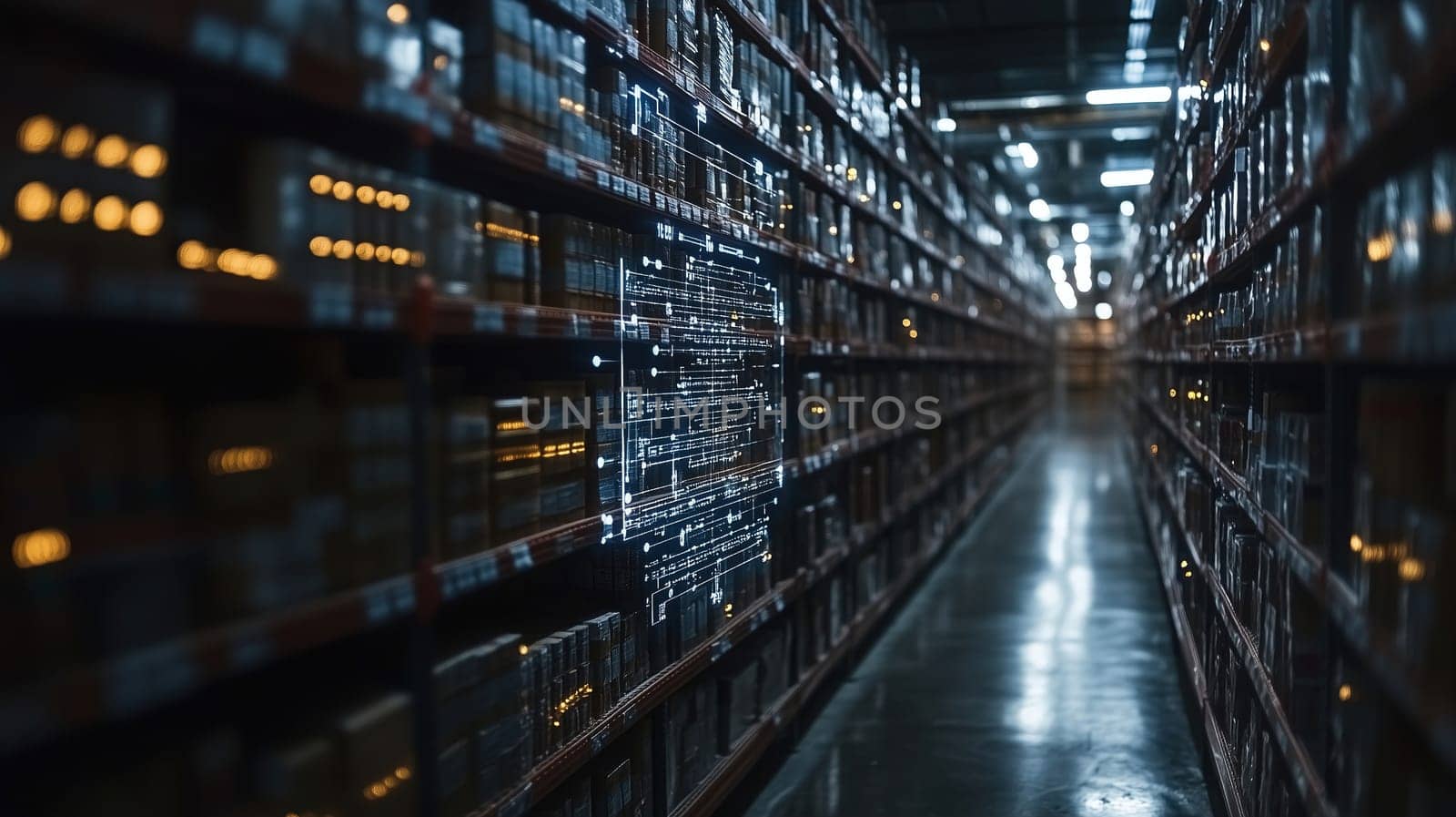 An advanced robotic system navigates through a dimly lit warehouse filled with neatly arranged shelves, optimizing inventory management and efficiency at night.