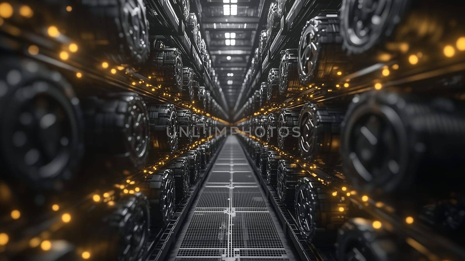 Rows of high-performance servers illuminate the data center as bright lights reflect off sleek surfaces. The digital architecture reveals a futuristic environment designed for processing large data.