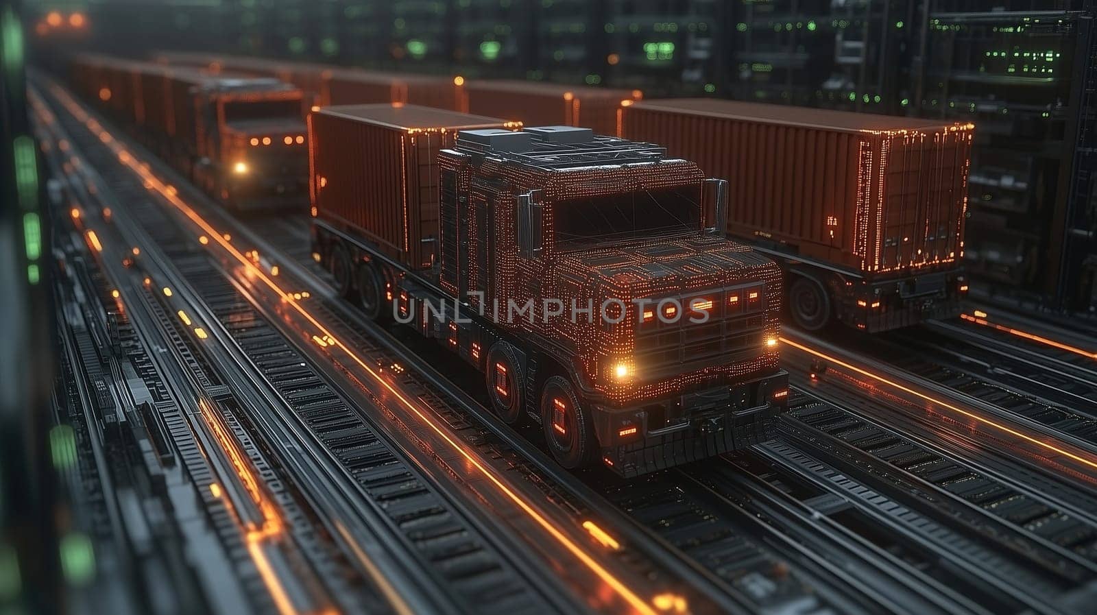A vibrant transport hub showcases advanced trucks carrying cargo containers along illuminated tracks. The scene reveals a modern logistics approach with dynamic lighting and intricate designs.
