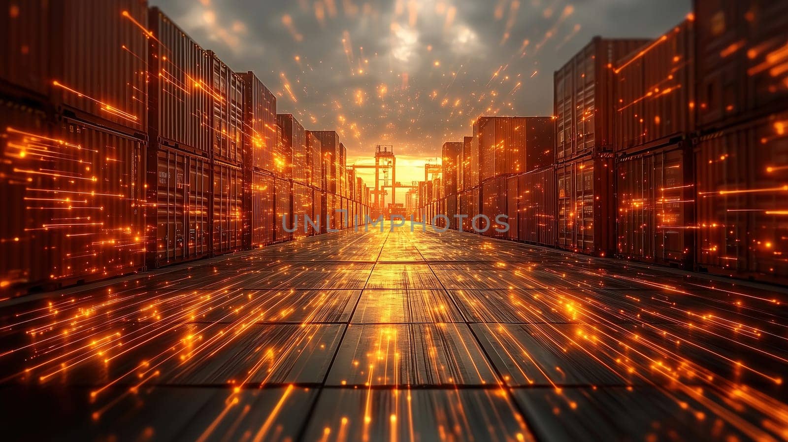 A dock filled with shipping containers reflects the vibrant glow of sparks against a backdrop of a stunning sunset. The atmosphere is electrifying, highlighting industrial energy.