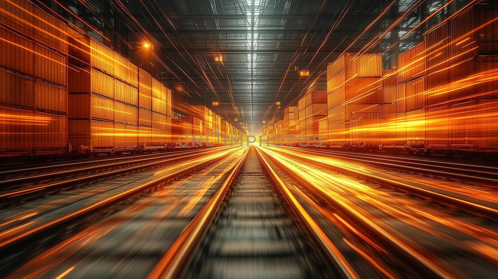 Bright streaks of light move along the railway tracks, creating a dynamic scene in a busy shipping yard filled with stacked containers at dusk.