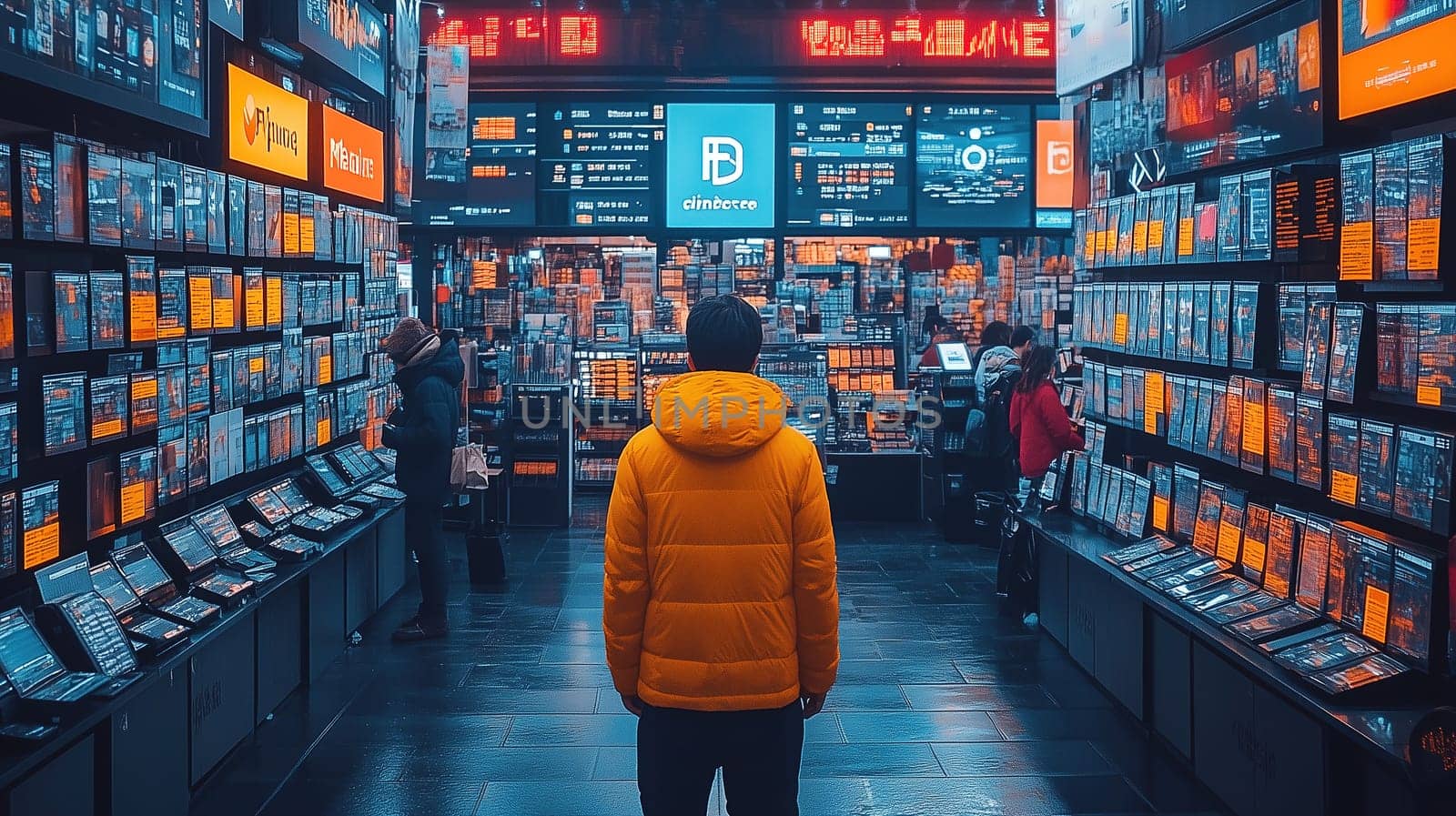 A person in a bright orange jacket stands in the middle of a bustling electronic store, surrounded by illuminated screens and colorful product displays. Customers browse various gadgets and devices.