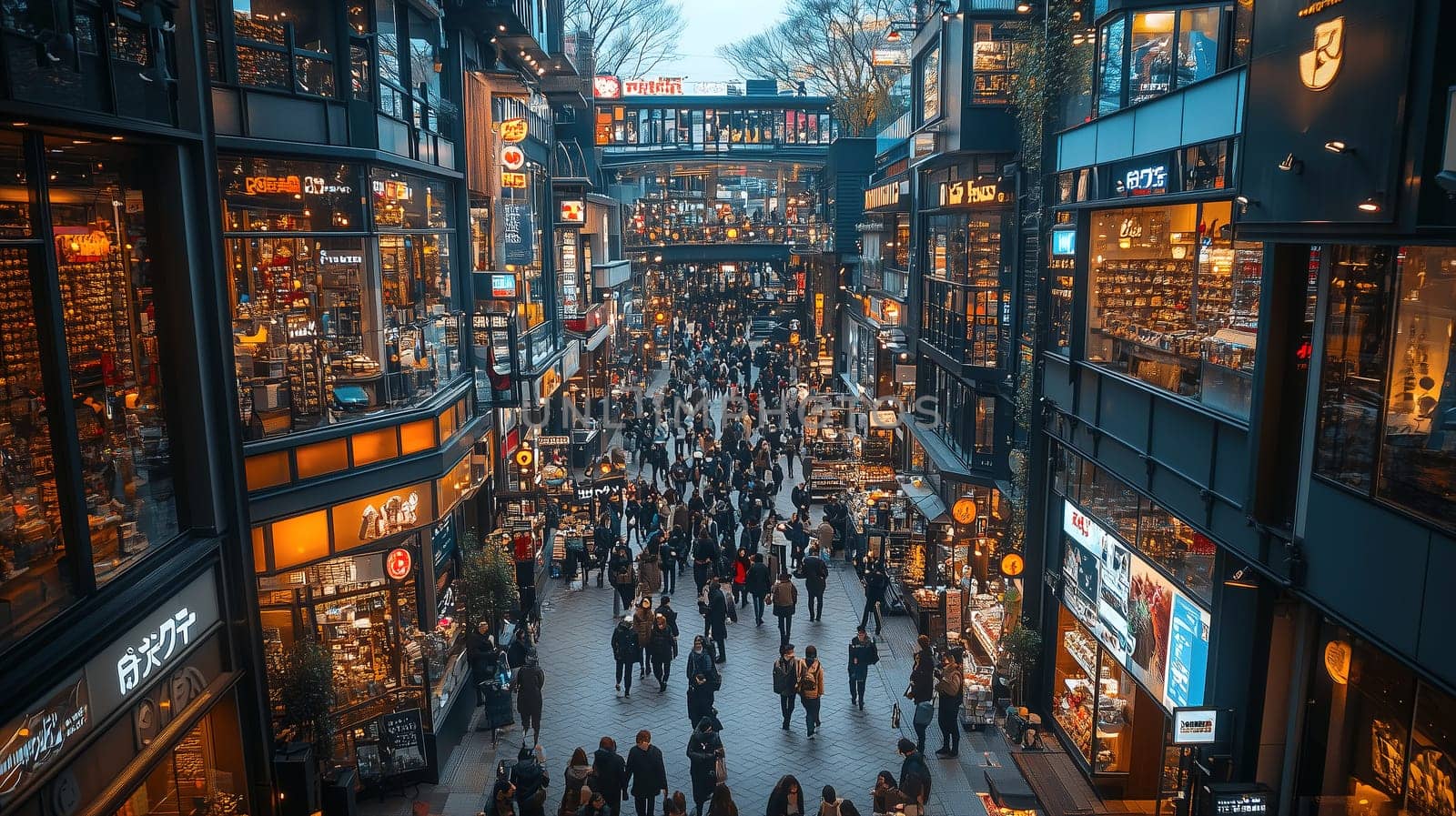 Visitors walk through a bustling shopping area as evening arrives, surrounded by unique stores and bright signage in an urban environment.