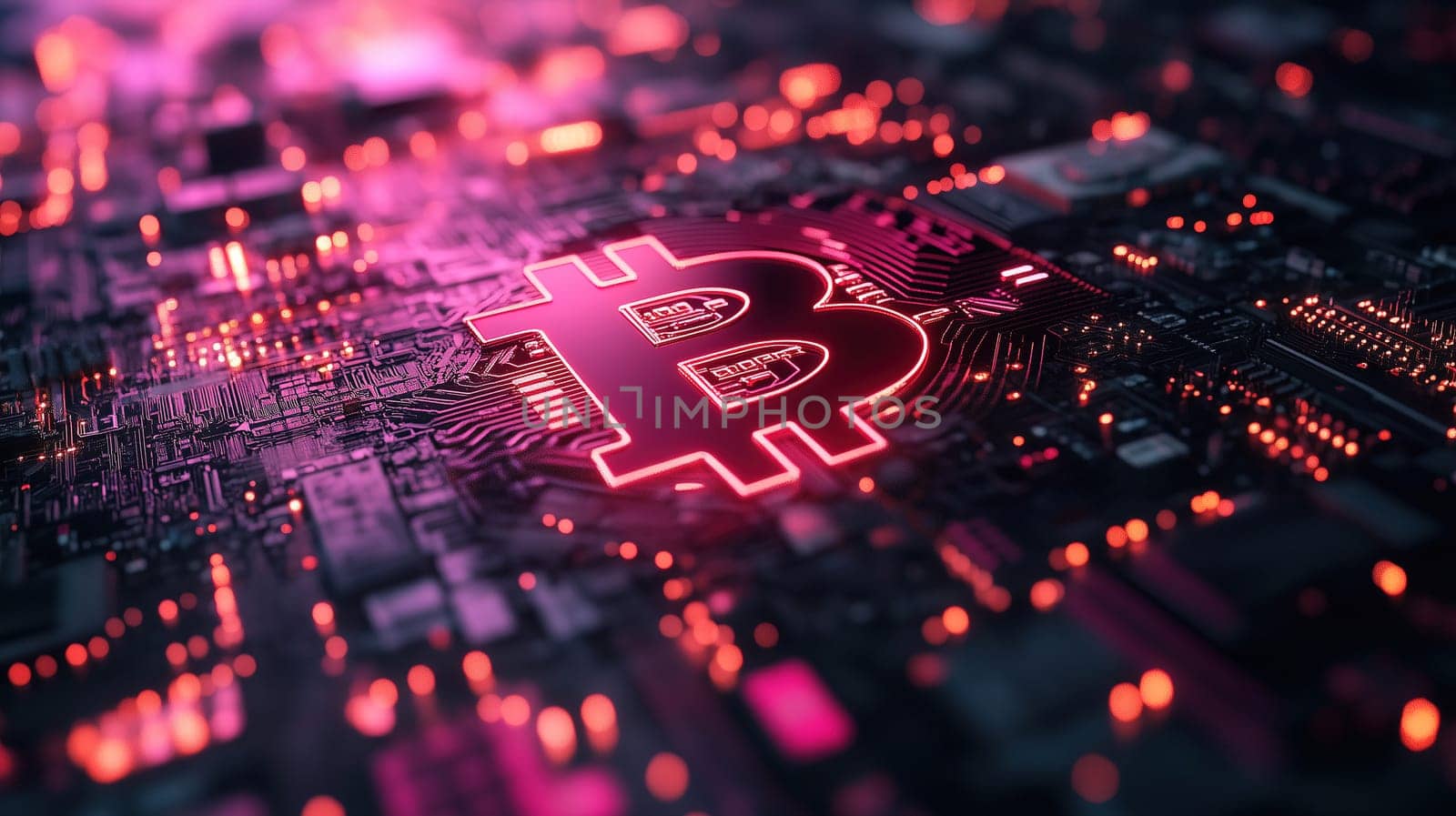 A vibrant circuit board features a prominent Bitcoin symbol glowing in pink and orange. The intricate design highlights the technology behind cryptocurrency and its modern appeal.