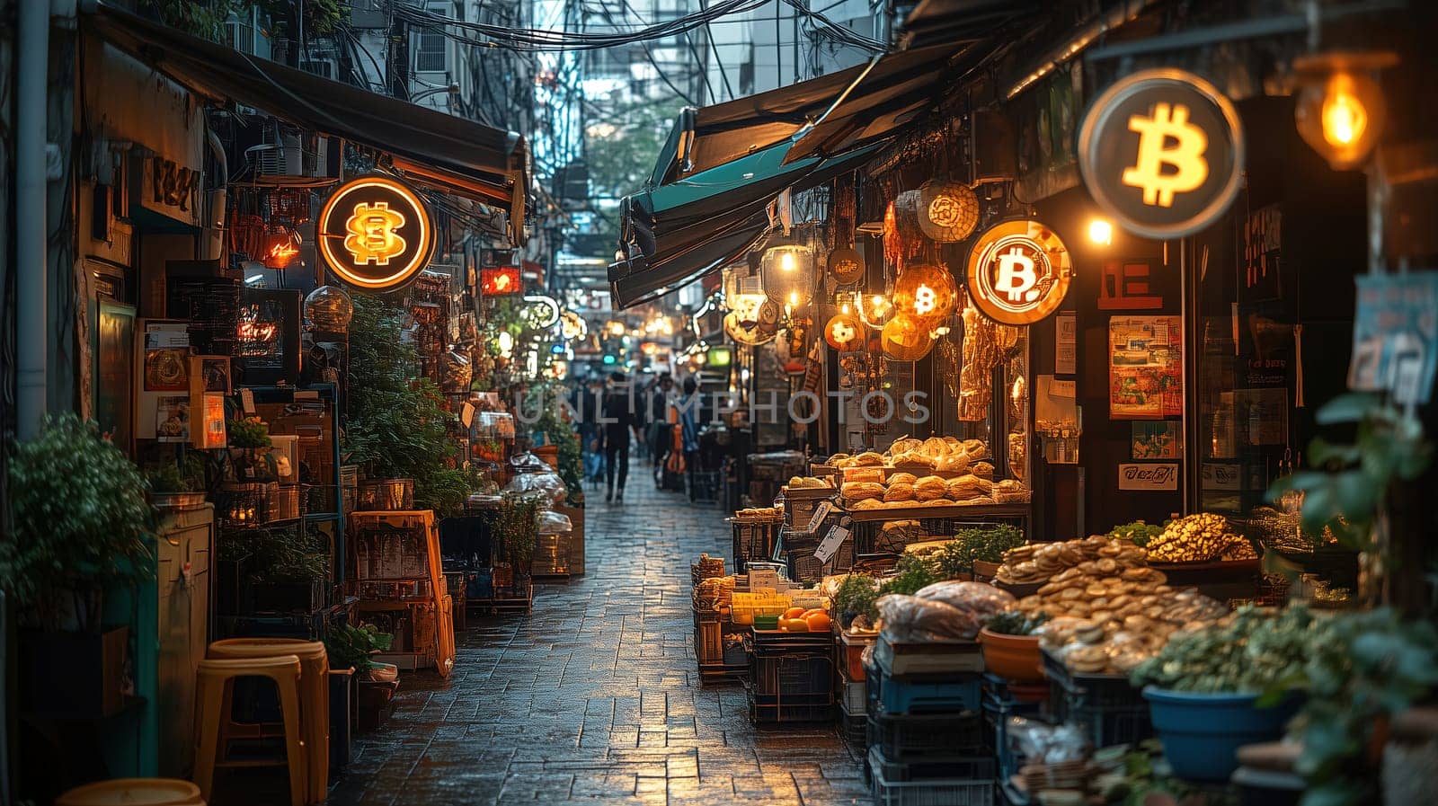 Twilight descends over a bustling market street filled with vibrant stalls offering fresh produce and illuminated cryptocurrency signs. Visitors browse and explore this lively area.