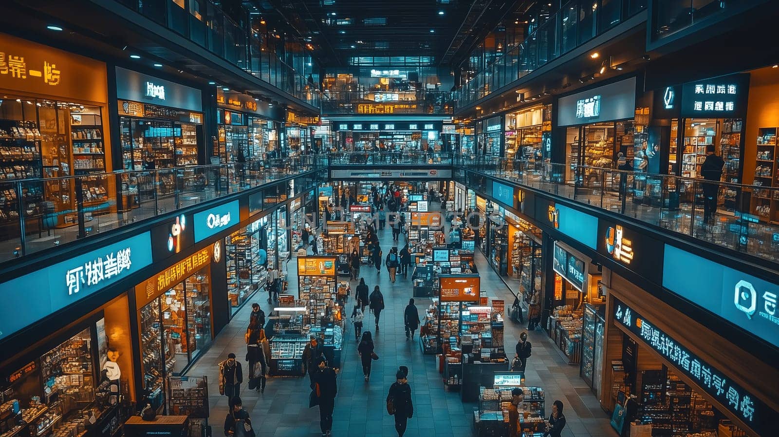 Crowds of shoppers explore a vibrant mall with multiple levels and illuminated storefronts, creating a lively atmosphere during evening hours.