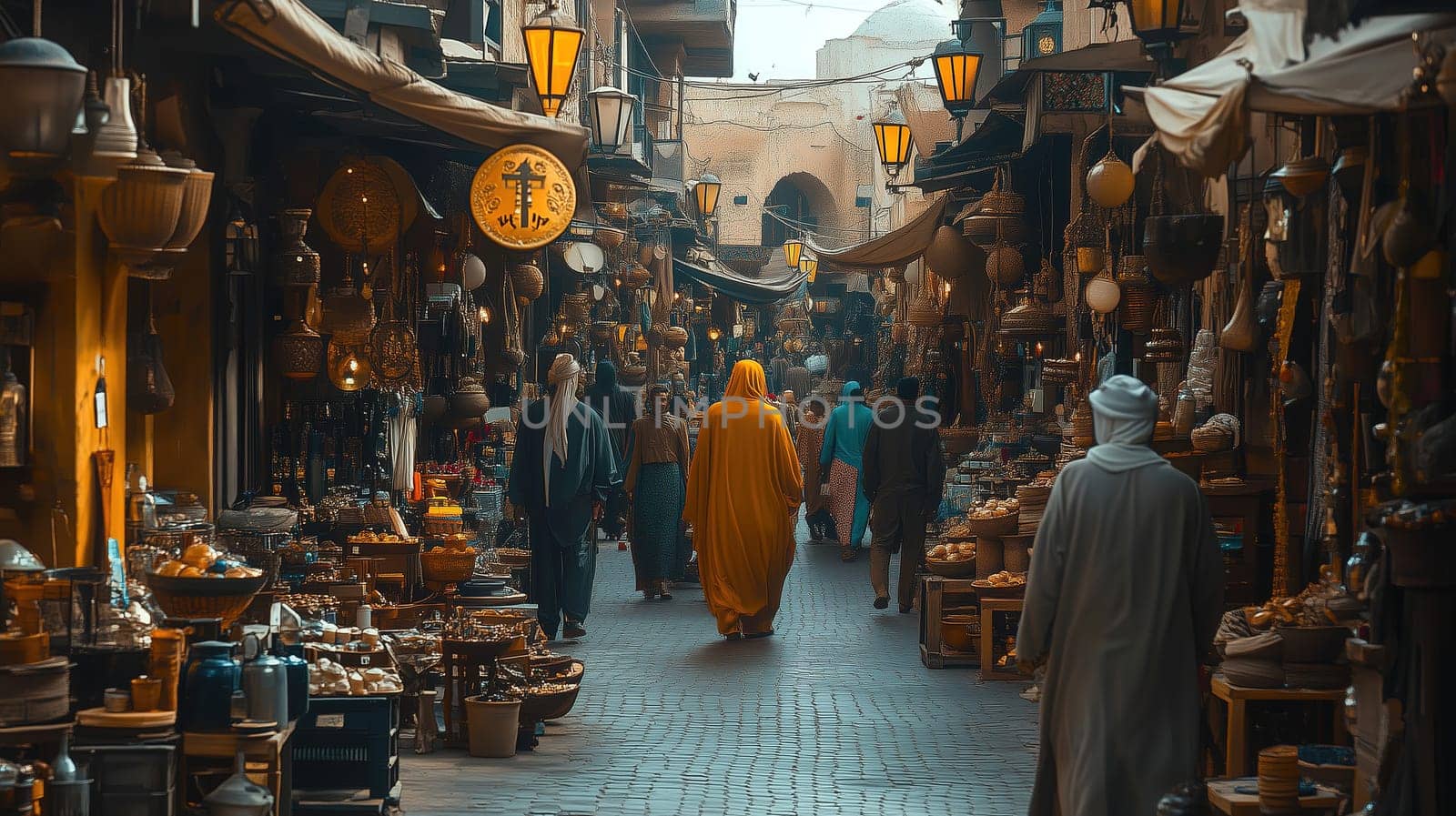 An ancient market is alive with activity as shoppers wander through narrow streets. Vibrant displays of spices, textiles, and crafts fill the stalls, illuminated by lanterns.