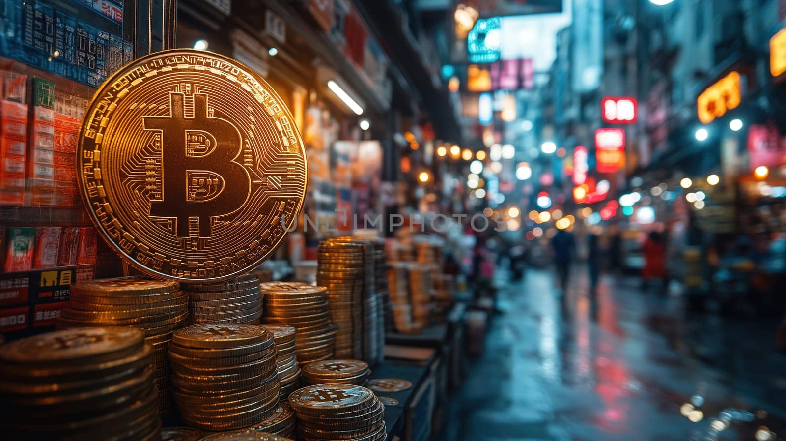 A shiny Bitcoin symbol is prominently placed among stacks of coins in a vibrant street market. The bustling, neon-lit environment is enhanced by rainy weather, creating a lively atmosphere.