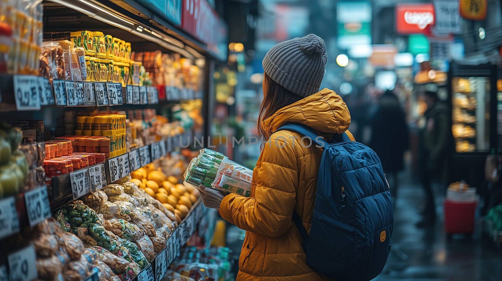 A person in a yellow jacket browses through a bustling market, carefully examining fresh vegetables and fruits, with a lively crowd in the background on a chilly day.