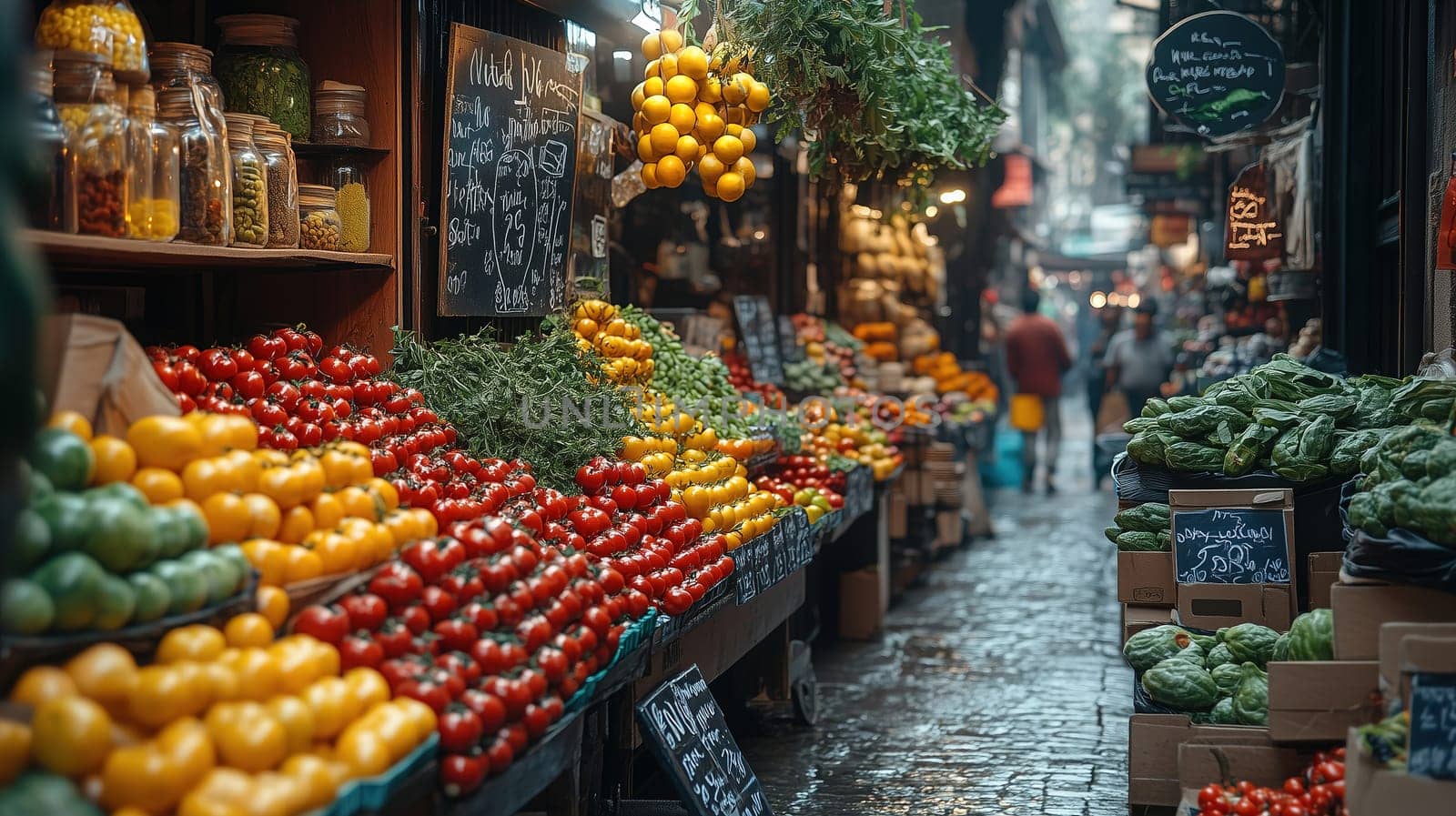 Vibrant stalls lined with fresh fruits and vegetables in a busy market create a lively atmosphere as shoppers browse. Raindrops reflect the vivid colors on the cobblestone pathway.