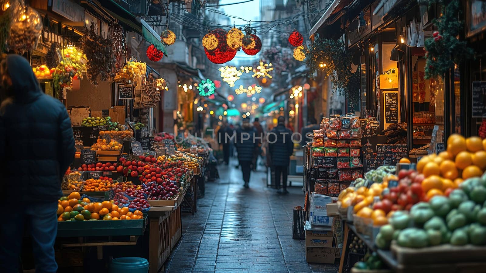 Vendors display a vibrant array of fruits and vegetables, while shoppers stroll through the market, enjoying the festive atmosphere as evening falls.