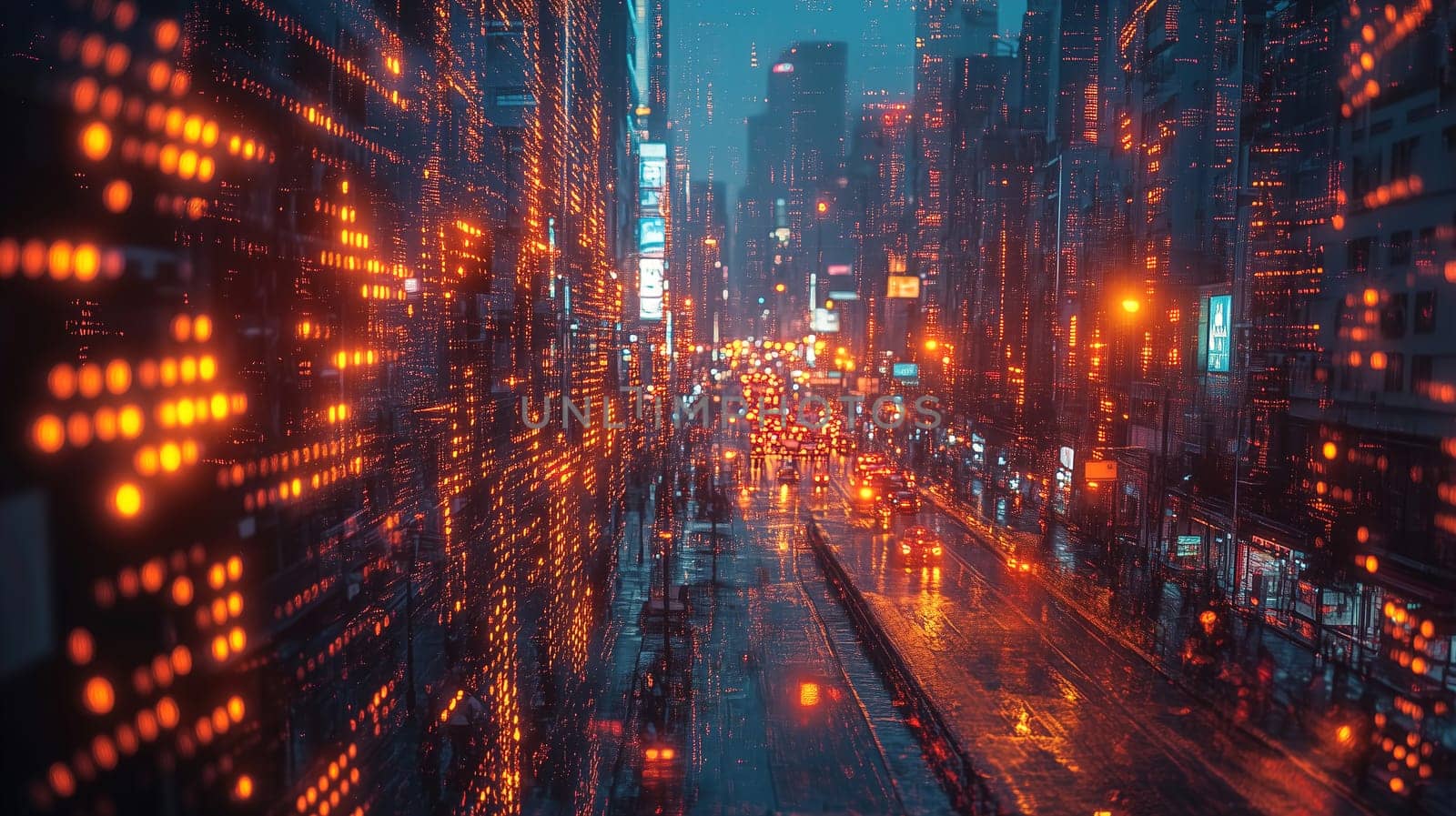 A vibrant cityscape showcases tall buildings aglow with orange lights on a rainy evening. Reflections shimmer on the wet street, capturing the bustling atmosphere of city life.