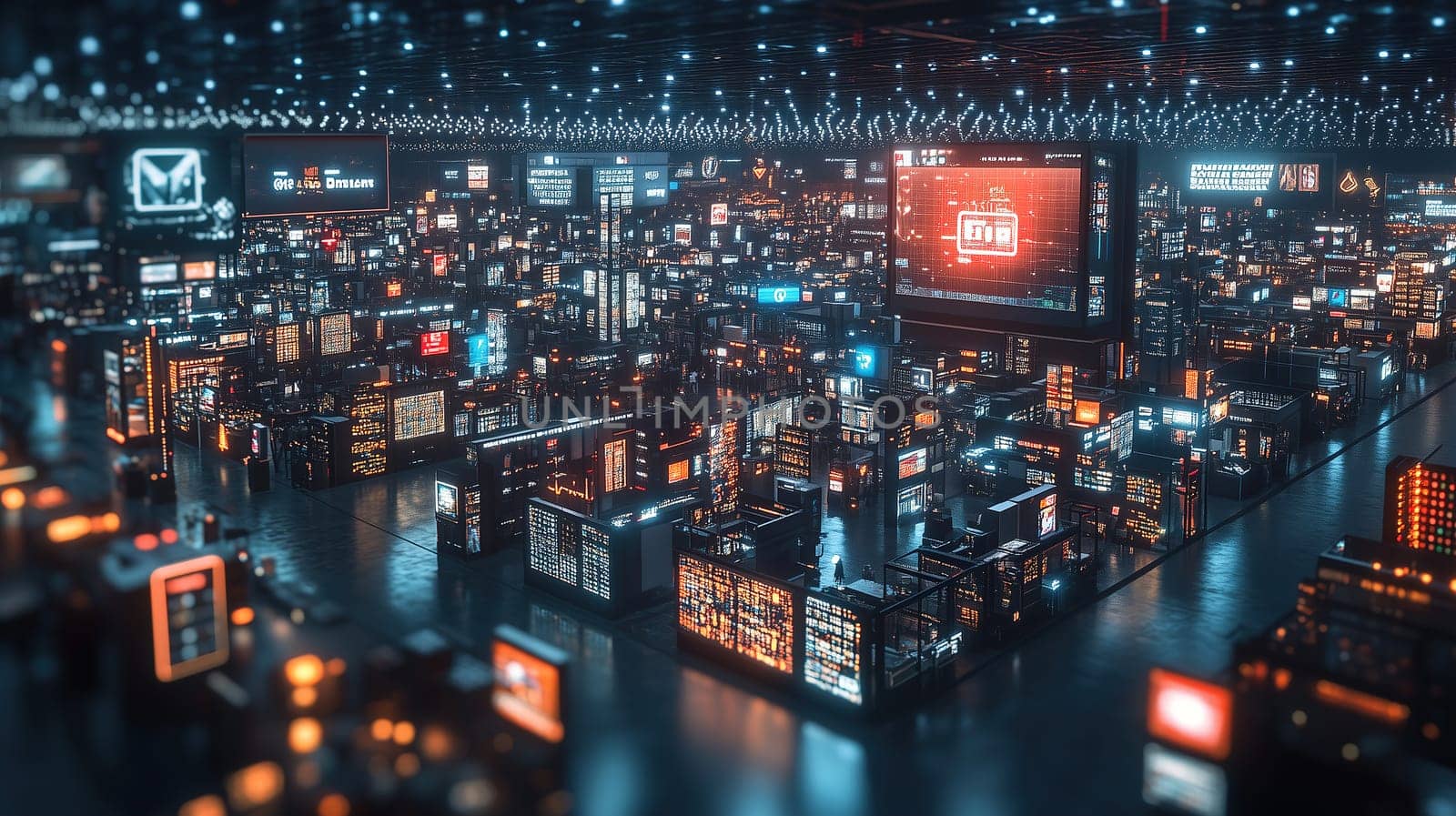 A vibrant urban skyline is illuminated at night, featuring numerous buildings adorned with digital displays and glowing signs. The atmosphere reflects a technologically advanced cityscape.