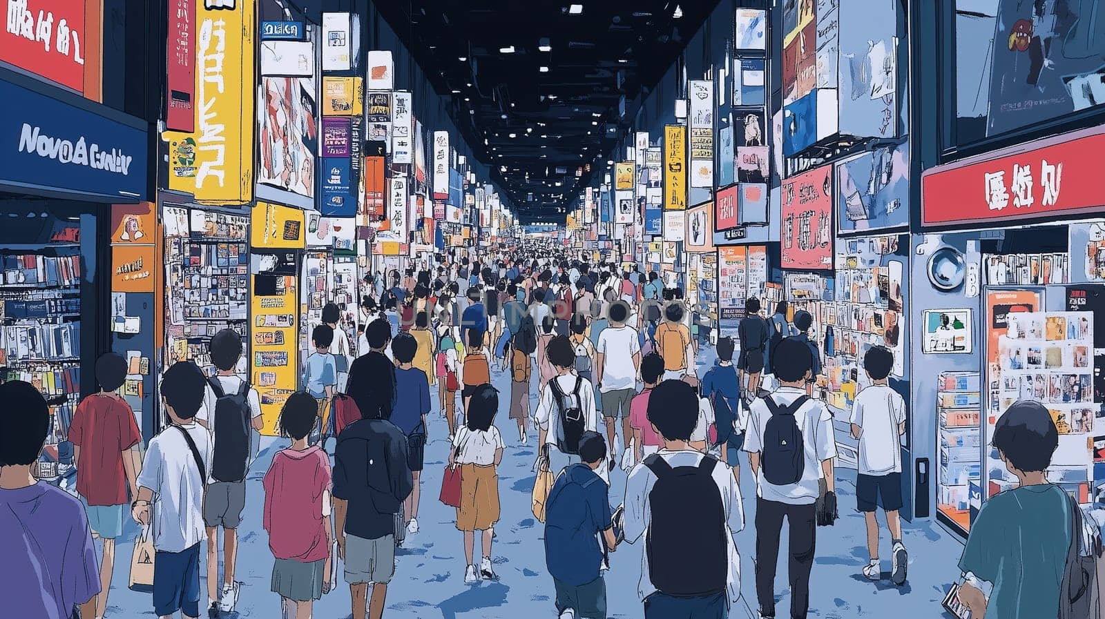 A crowded shopping district is alive with energy as throngs of people navigate through colorful storefronts filled with various goods. The atmosphere is dynamic and lively with many shoppers.
