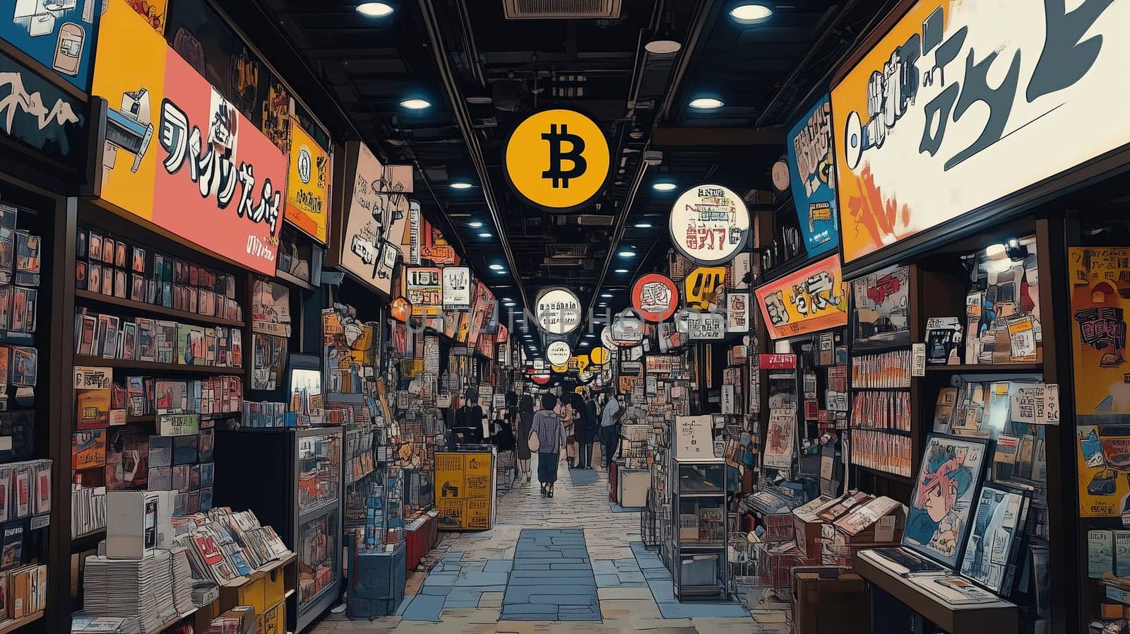 Vibrant shopping arcade filled with colorful storefronts and neon lights, bustling with people exploring shops in an urban environment during the evening.