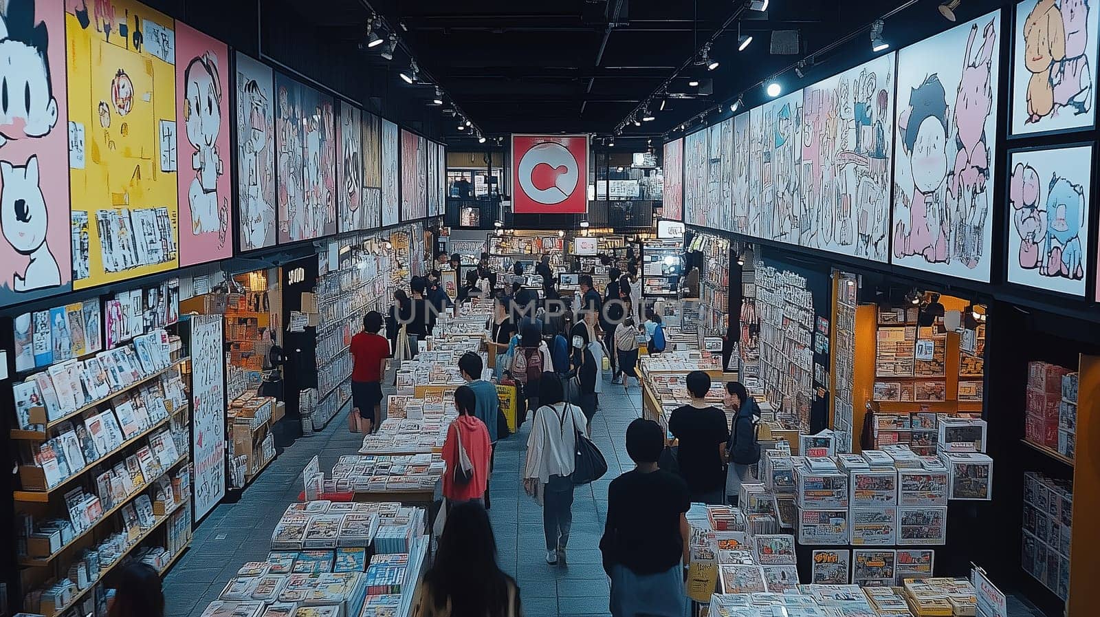 Customers explore a lively comic store adorned with vibrant murals and packed with an extensive collection of comics, manga, and art. The atmosphere is energetic and inviting.
