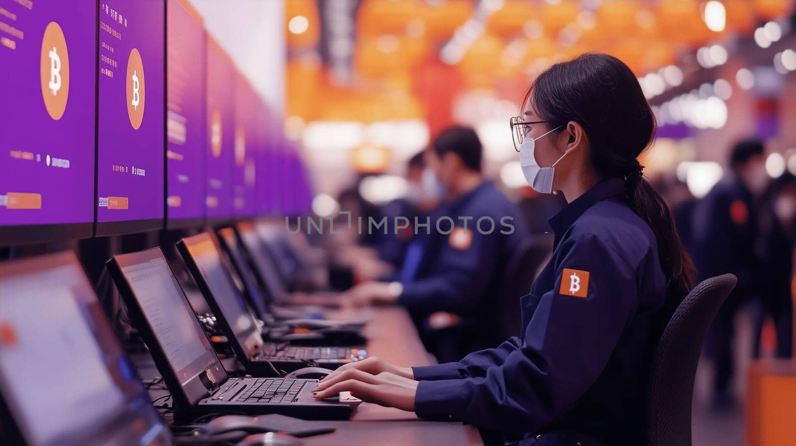 A group of technology professionals sits at rows of computers, actively engaging with cryptocurrency software in an exhibition hall during a vibrant conference event.