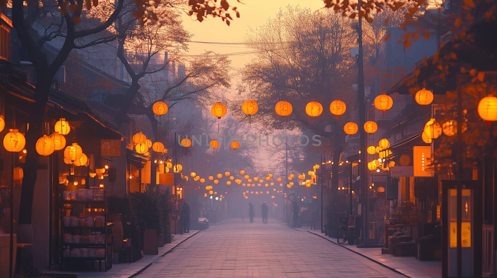 Colorful lanterns glow warmly, lining a quiet street as twilight descends. Two figures stroll leisurely, enjoying the tranquil ambiance of the evening.