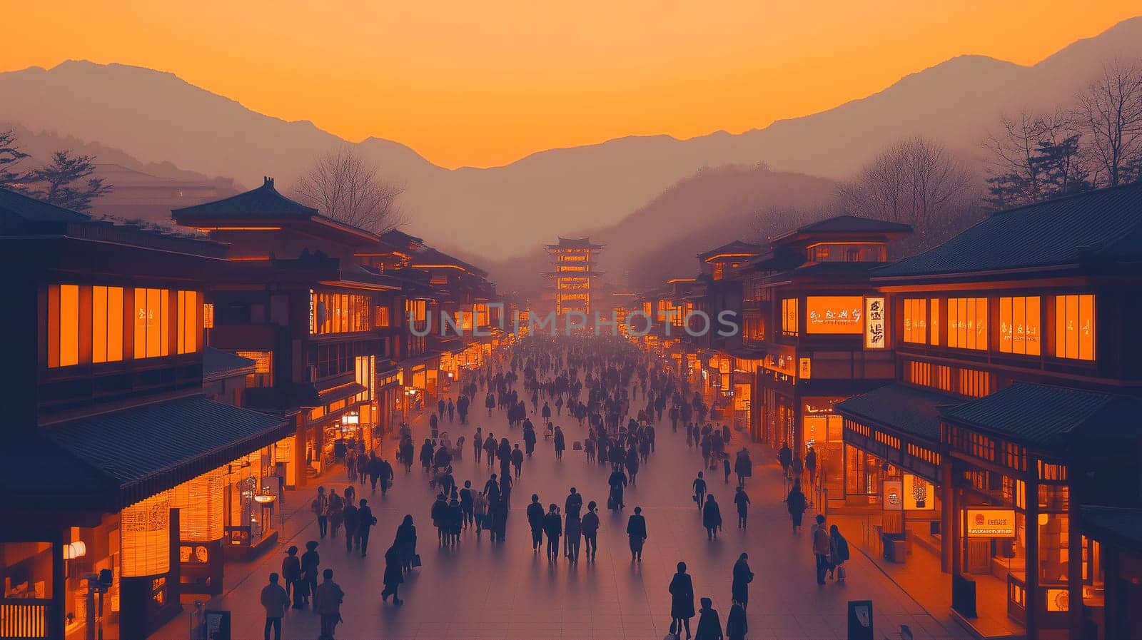 As the sun sets behind the mountains, a lively street market comes alive with crowds exploring vibrant shops and enjoying the warm glow of lanterns and lights.