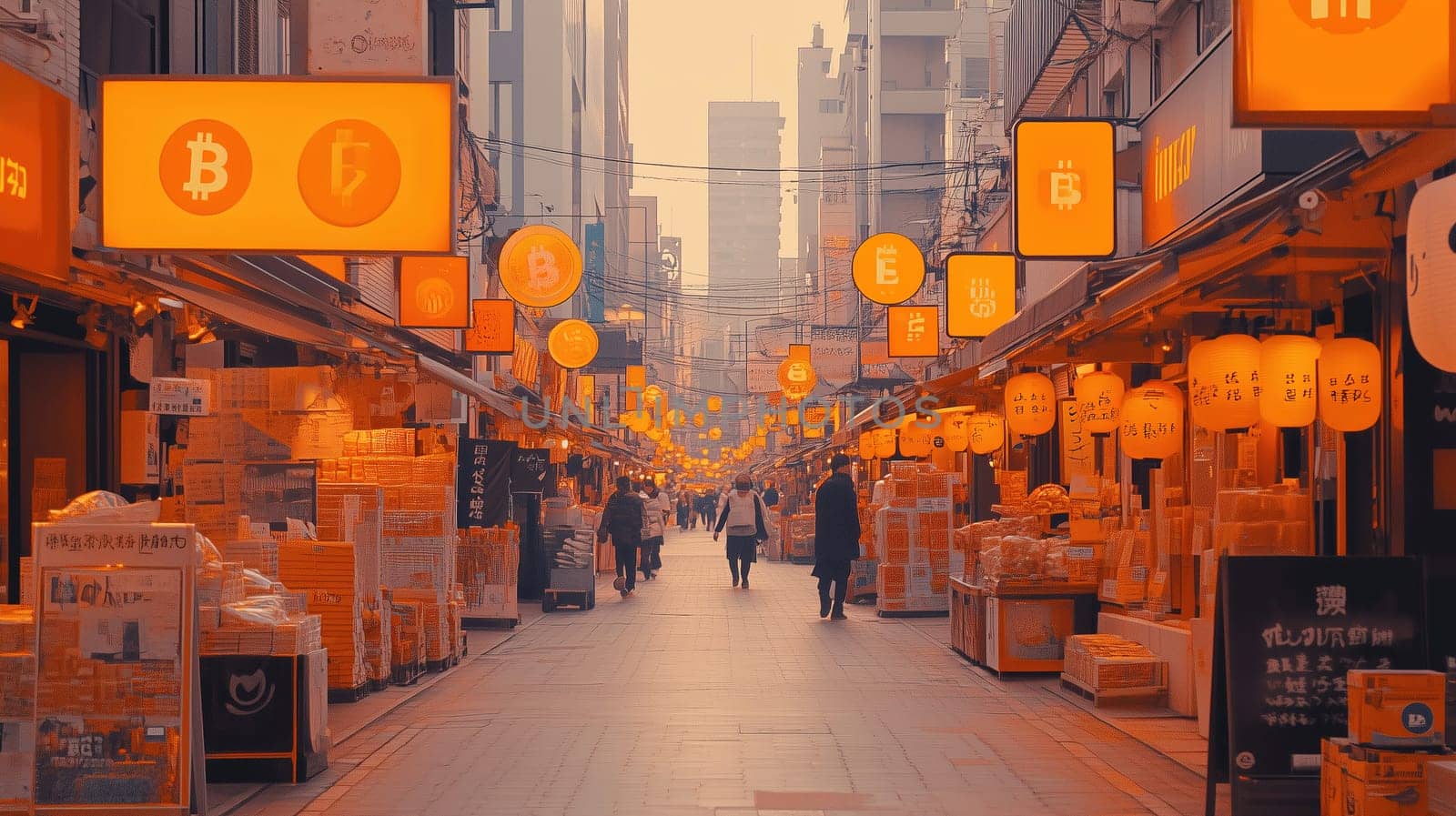 Shoppers stroll through a bustling market street adorned with orange lanterns displaying bitcoin icons as the sky darkens, creating a lively evening atmosphere.