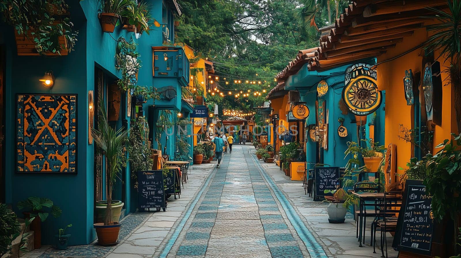 A lively alleyway features vibrant blue and yellow buildings adorned with plants and decorative signs. Visitors stroll through while enjoying the cheerful atmosphere and shopping options.