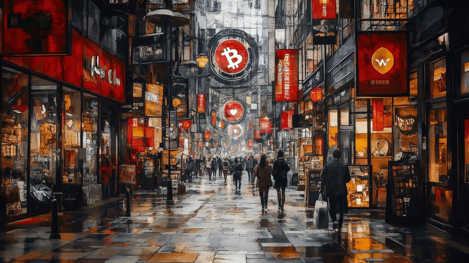 Crowds move through a lively street filled with glowing Bitcoin signs. Shops line both sides, showcasing various goods with colorful displays. Evening lights add charm to the atmosphere.