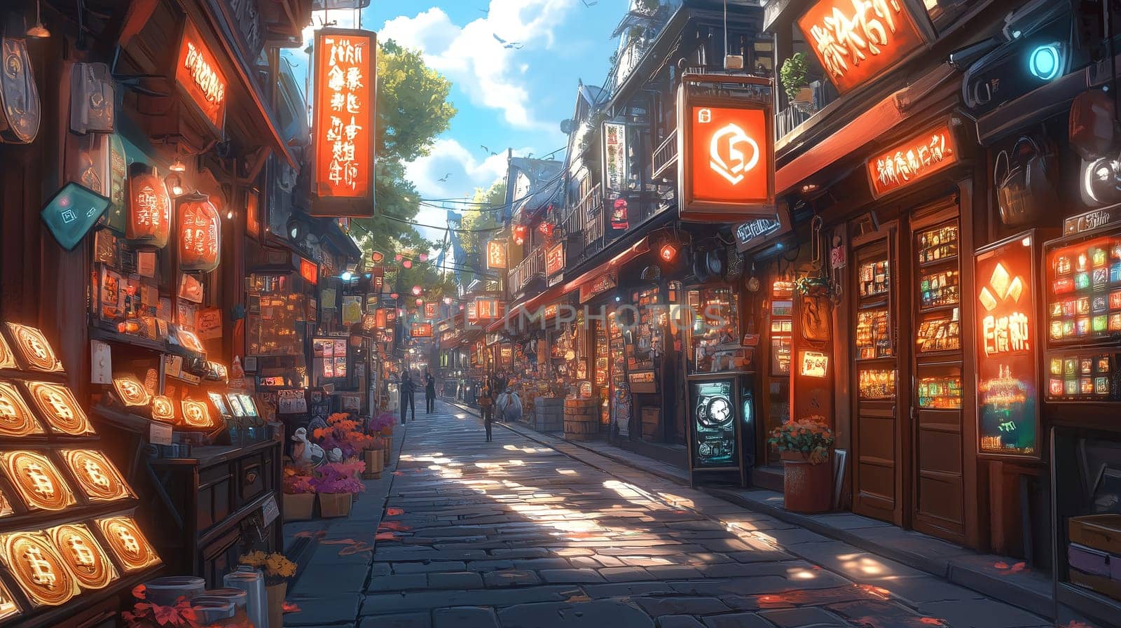Crowds navigate a lively market street filled with colorful shop signs and lanterns. The warm sunlight enhances the charm of this historical area and creates a welcoming atmosphere.