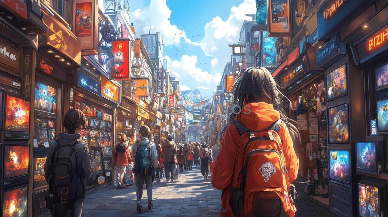 A bustling market street filled with shoppers and eye-catching storefronts displaying colorful merchandise. The bright sky enhances the energetic atmosphere of the scene.