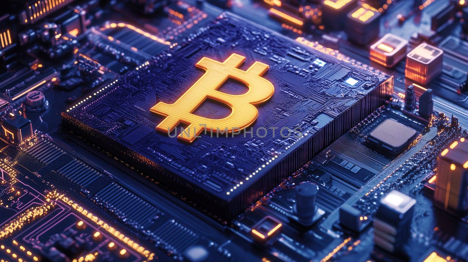 A bright Bitcoin symbol stands out on a detailed circuit board, showcasing a blend of advanced technology and digital currency concepts in a dark, vibrant setting.