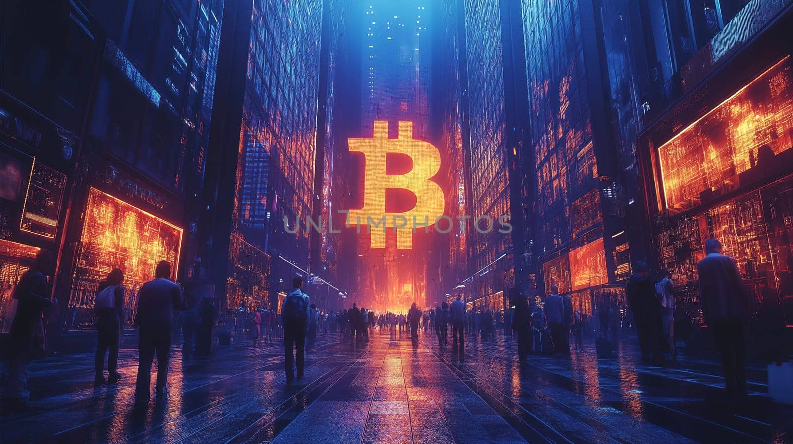 A vibrant urban scene shows numerous people walking among towering buildings at night. A massive Bitcoin symbol glows brightly, illuminating the surroundings and reflecting on the pavement.