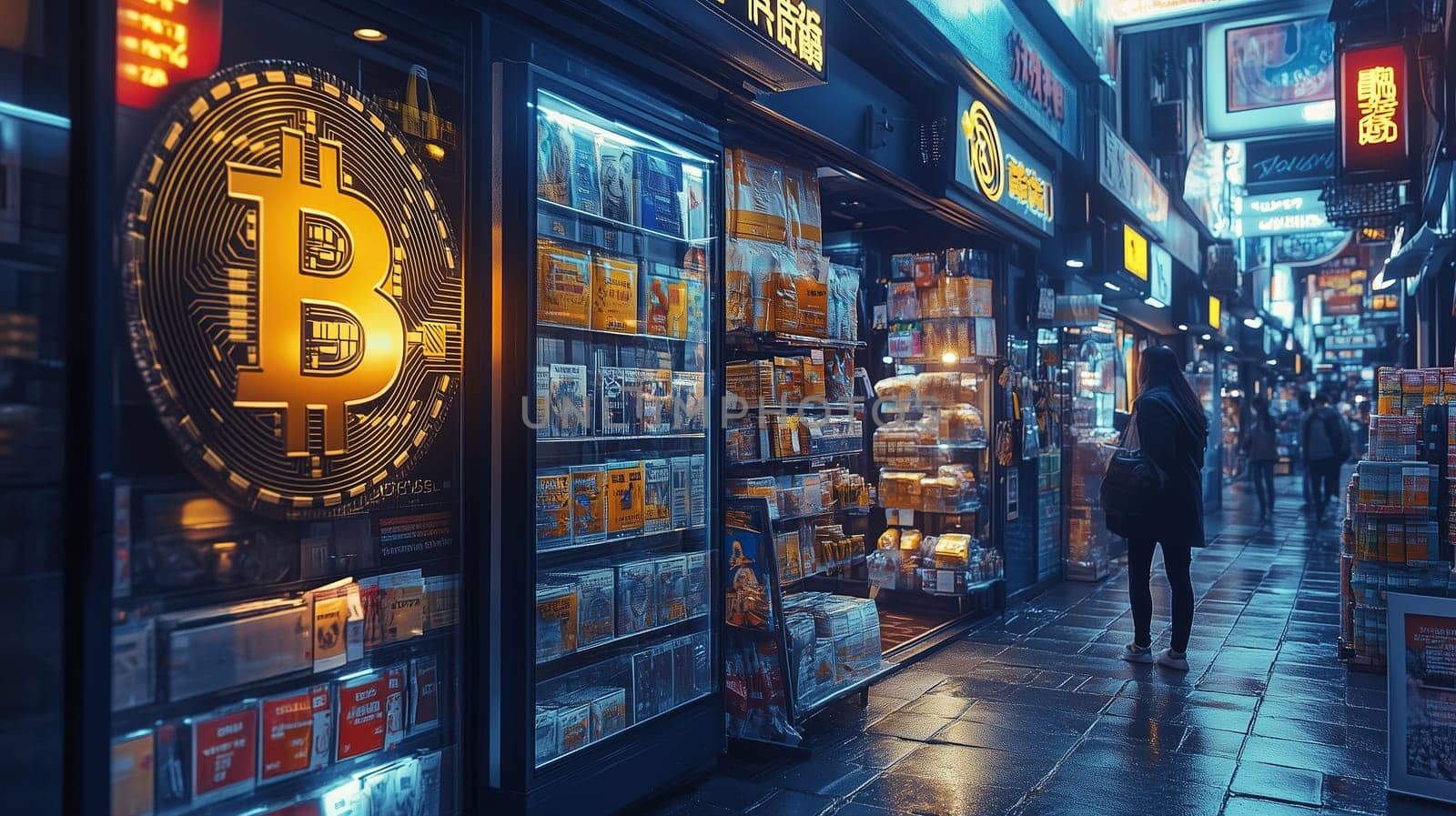 A bustling night market in Asia displays a vibrant shop featuring cryptocurrency-themed decorations. Customers explore various products under bright neon lights, creating a lively atmosphere.