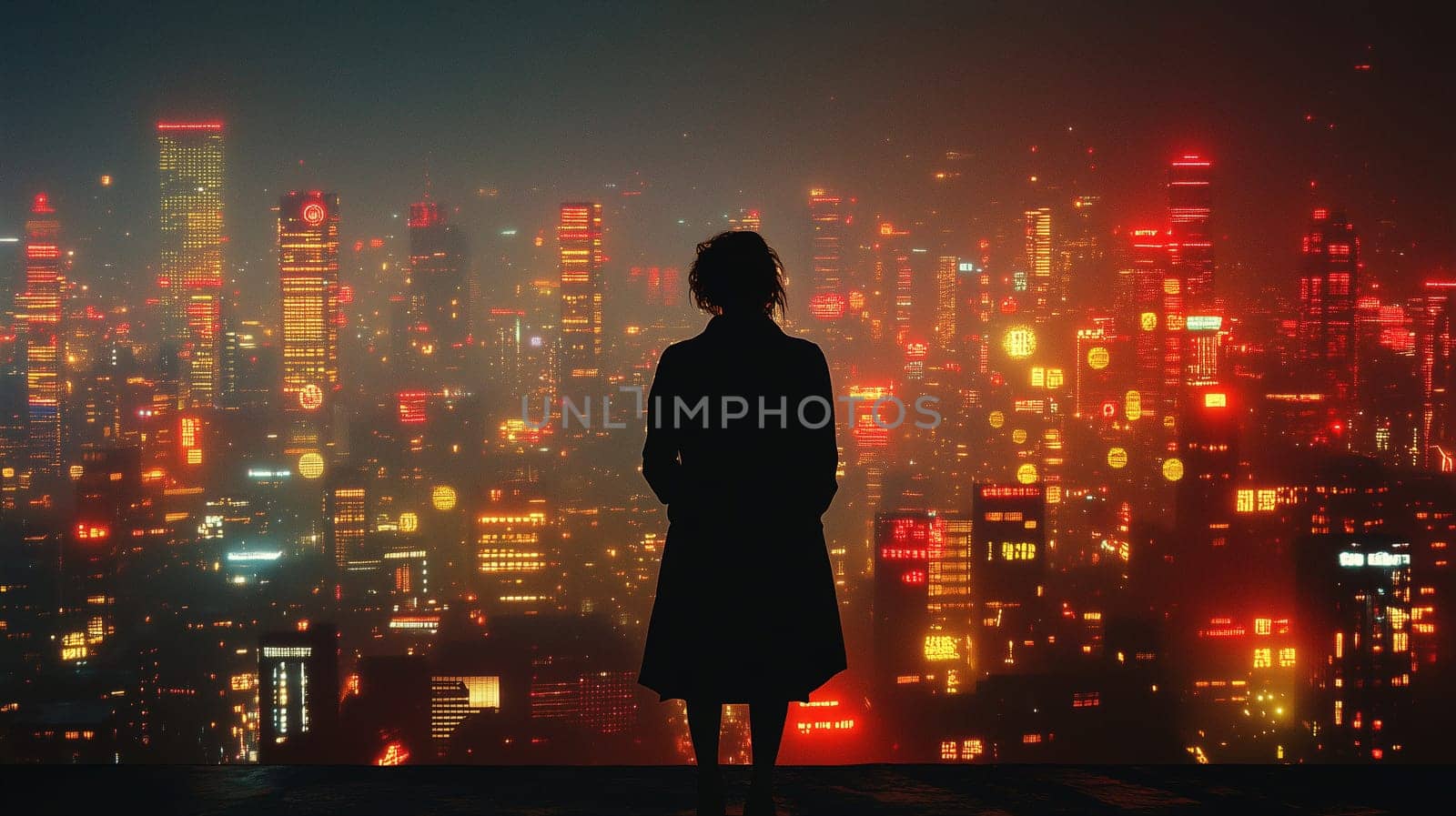A figure stands in silhouette, gazing at a dazzling city skyline filled with brightly lit buildings and neon signs. The vibrant urban lights create a dramatic night scene.