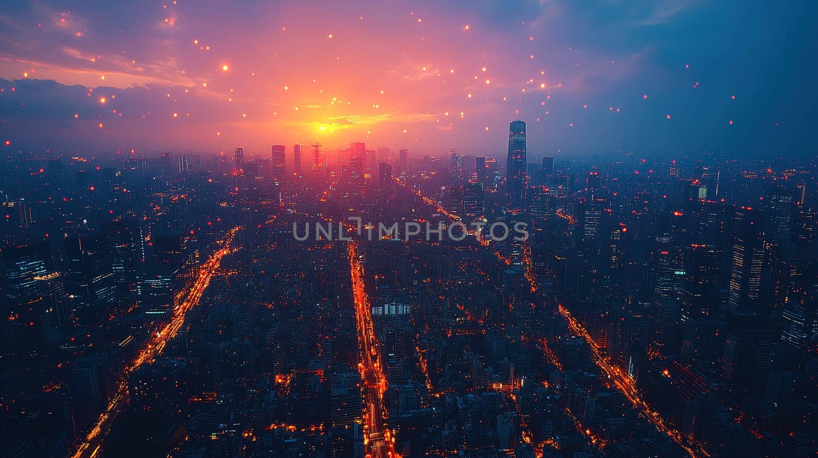 As the sun sets, a vibrant orange glow lights up the skyline of a busy city. The streets below are filled with glowing street lights, creating a striking contrast with the twilight sky.