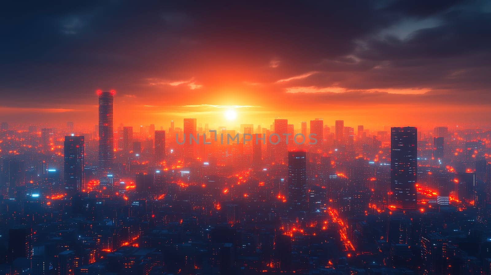 The sun sets dramatically behind towering skyscrapers, casting a fiery glow over the city. The skyline is shrouded in shadows, with vibrant hues reflecting off the buildings.