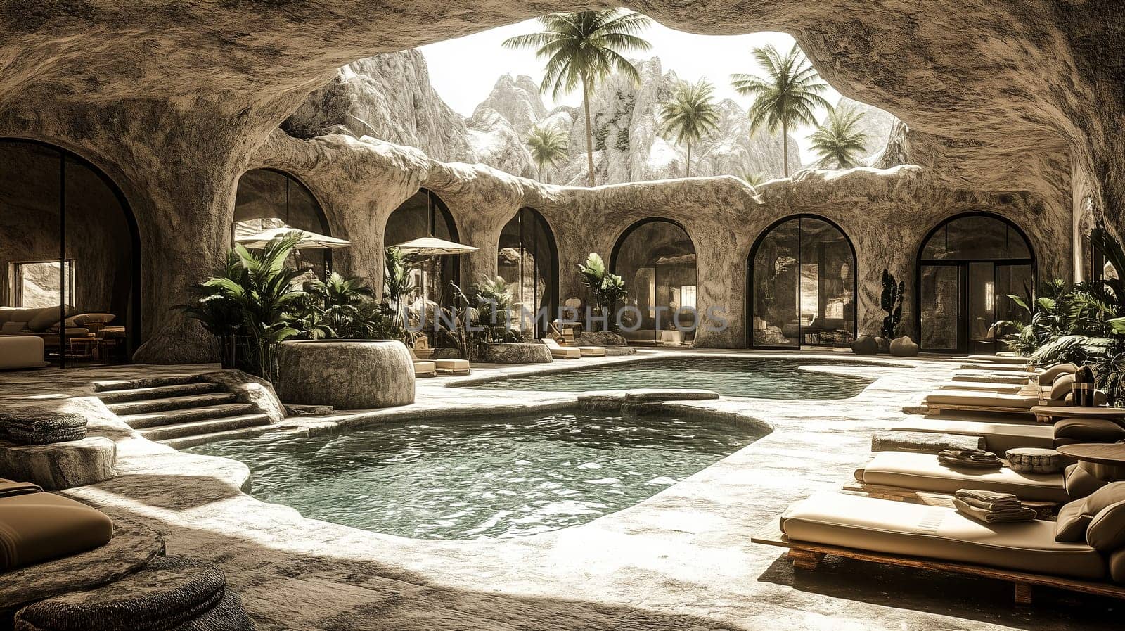Nestled in a natural rock formation, this lavish resort features a stunning swimming pool surrounded by palm trees. The sunlight cascades through arched windows, enhancing the relaxing atmosphere.