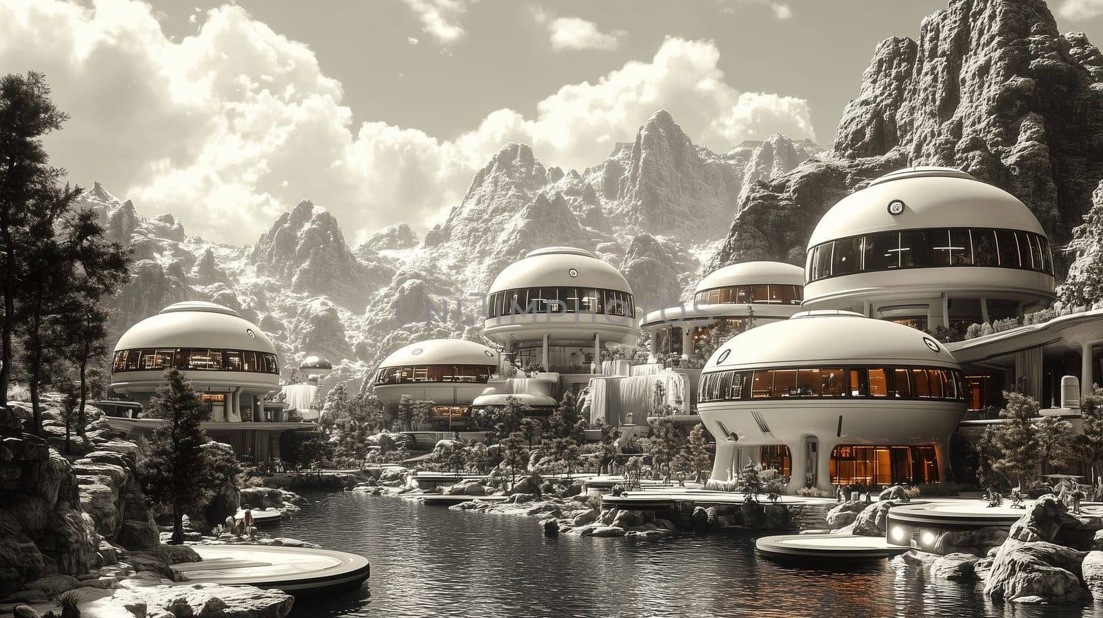 A futuristic landscape features domed buildings beside a tranquil lake. Towering mountains surround the area, creating a serene atmosphere during twilight.