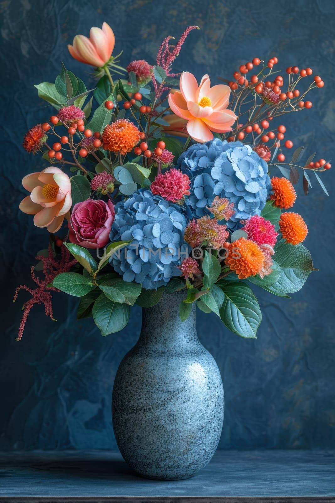 A stunning and beautiful bouquet showcasing colorful flowers combined with lush greenery in a unique, elegant vase