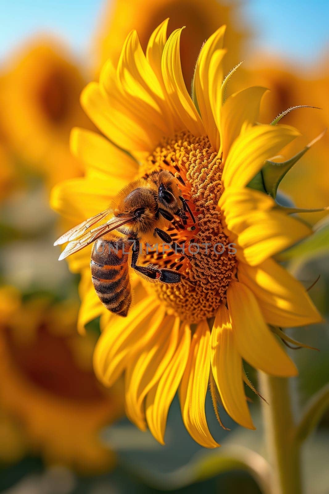 A detailed closeup of a bee diligently gathering nectar from beautiful, vibrant sunflowers beneath a clear blue sky